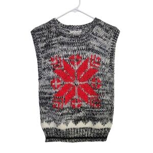 PETITES Hand-Knit Mohair Snowflake Sweater Vest Gray Red Nordic Y2K Cozy S
